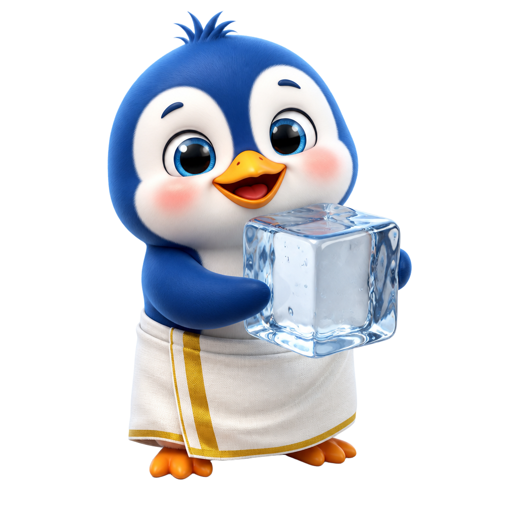 Aalippazham penguin mascot holding an ice cube